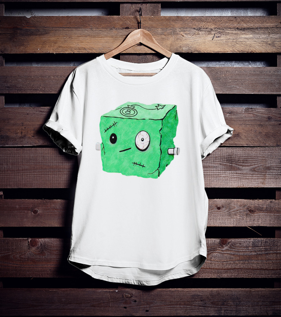 Franken Frankie Eight-Ball Cube Monster Stitched Green Block T-Shirt
