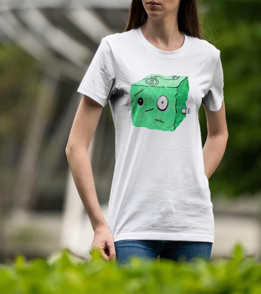 Franken Frankie Eight-Ball Cube Monster Stitched Green Block T-Shirt