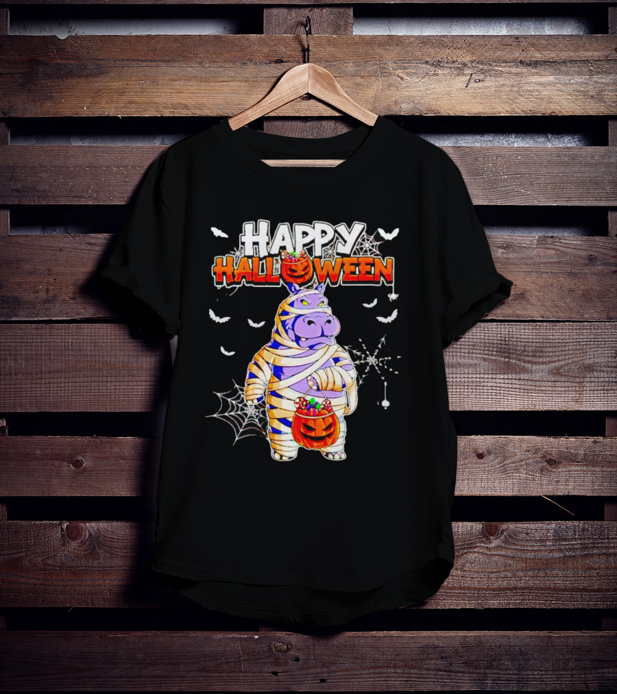 Hippopotamus Mummy With Pumpkin Candy Bucket Happy Halloween T-Shirt