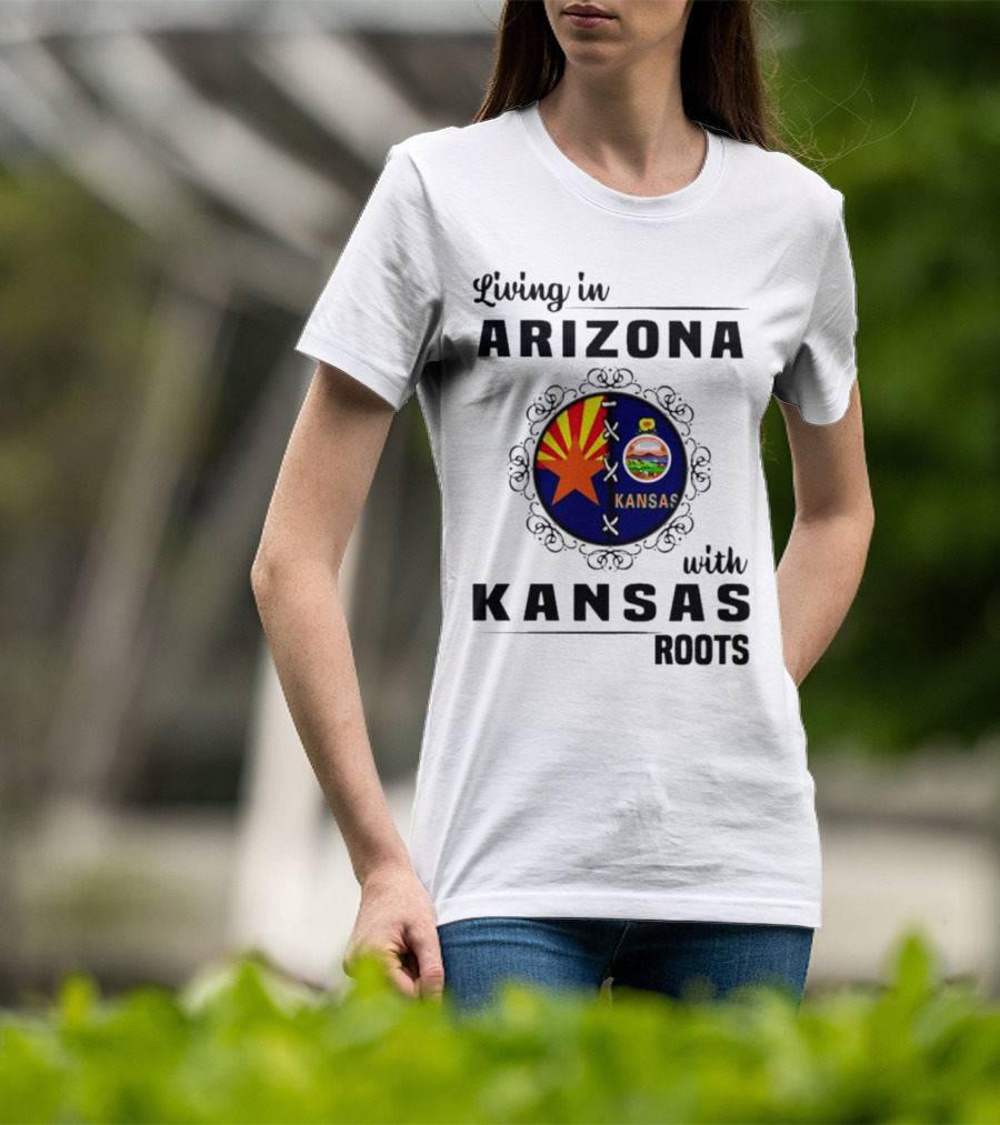 Living In Arizona Embracing Kansas Roots With State Seal Elements T-Shirt