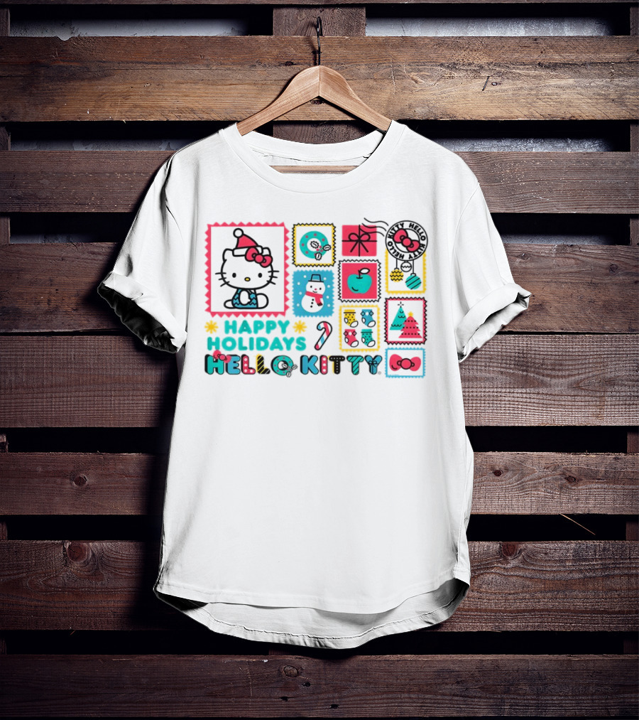Happy Holidays Hello Kitty Merry Christmas Candy Cane Bow Trees Gift Snowman T-Shirt