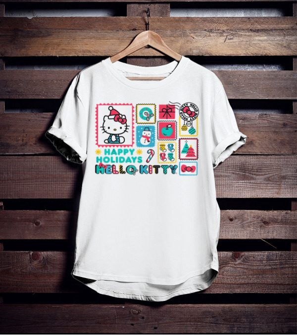 Happy Holidays Hello Kitty Merry Christmas Candy Cane Bow Trees Gift Snowman T-Shirt