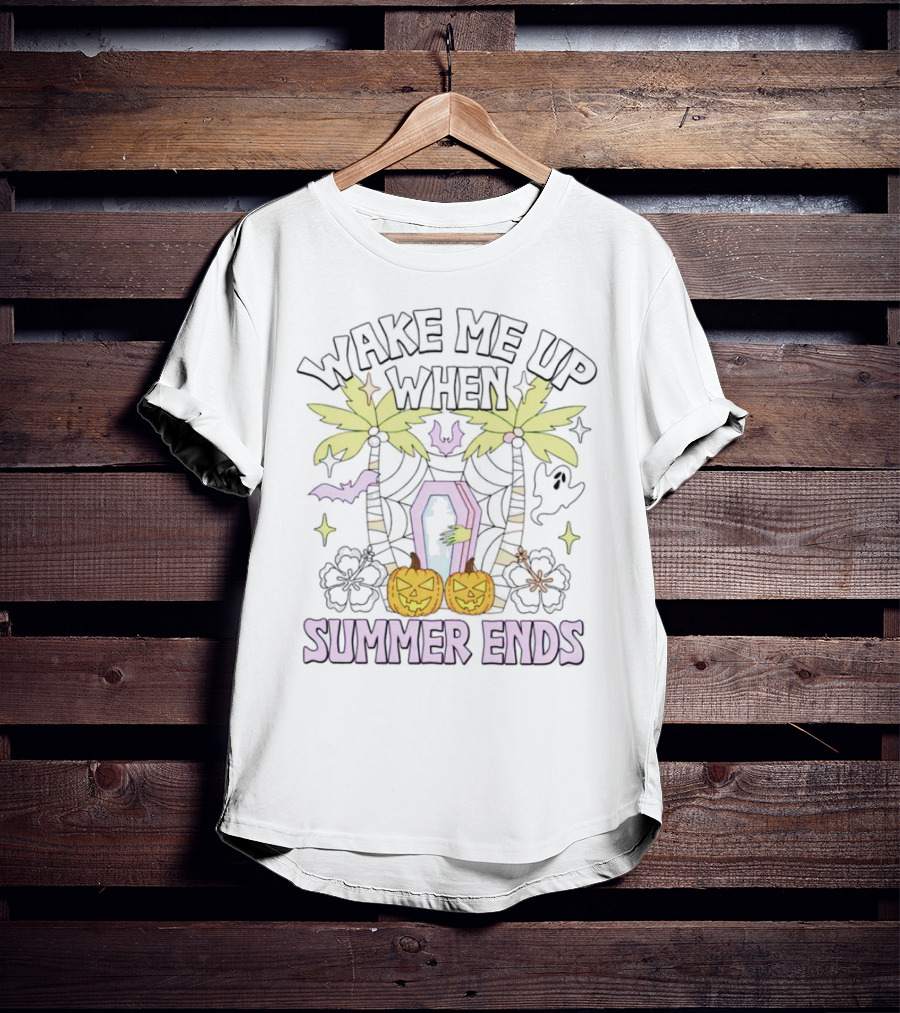 Wake Me Up When Summer Ends Coffin Palms Halloween Pumpkins Bats T-Shirt