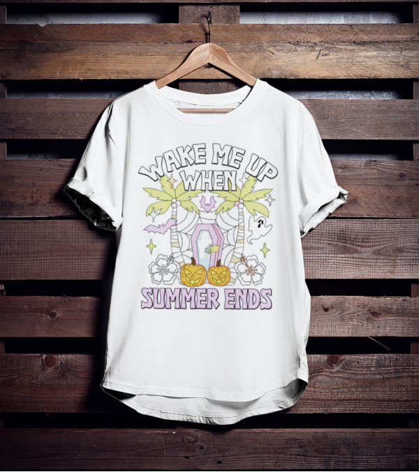Wake Me Up When Summer Ends Coffin Palms Halloween Pumpkins Bats T-Shirt