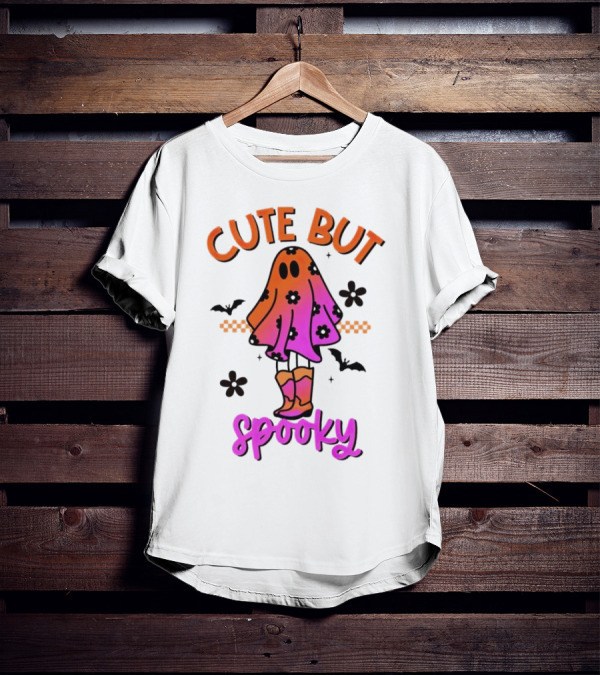 Cute But Spooky Halloween Ghost With Bat And Floral Boot Accents T-Shirt
