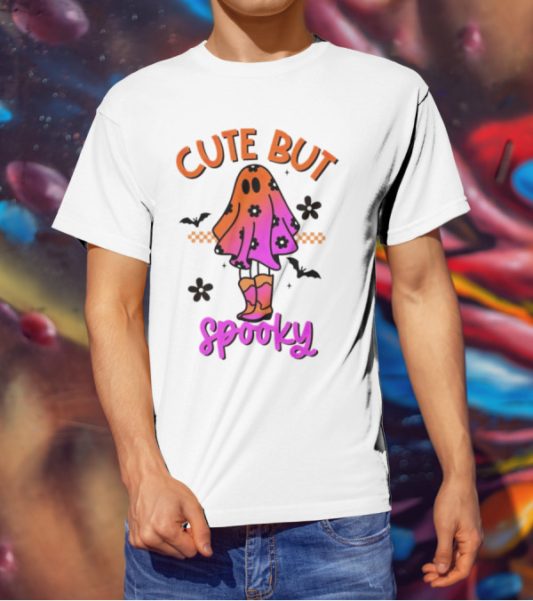 Cute But Spooky Halloween Ghost With Bat And Floral Boot Accents T-Shirt