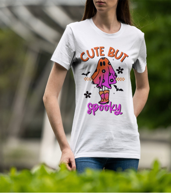 Cute But Spooky Halloween Ghost With Bat And Floral Boot Accents T-Shirt