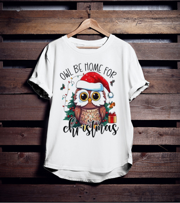 Owl Be Home For Christmas Santa Hat Owl Festive Lights Gift Box T-Shirt
