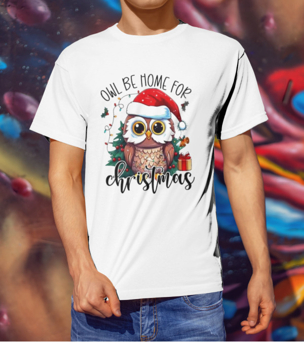 Owl Be Home For Christmas Santa Hat Owl Festive Lights Gift Box T-Shirt