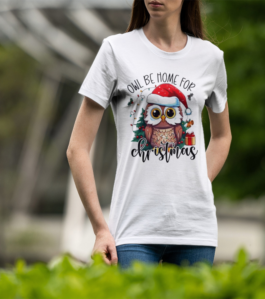 Owl Be Home For Christmas Santa Hat Owl Festive Lights Gift Box T-Shirt
