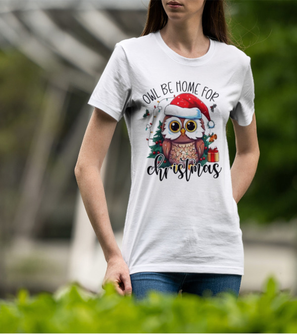 Owl Be Home For Christmas Santa Hat Owl Festive Lights Gift Box T-Shirt