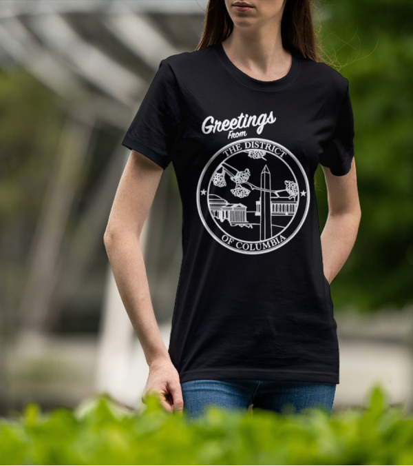 Greetings From The District Of Columbia Cherry Blossoms And Monument T-Shirt