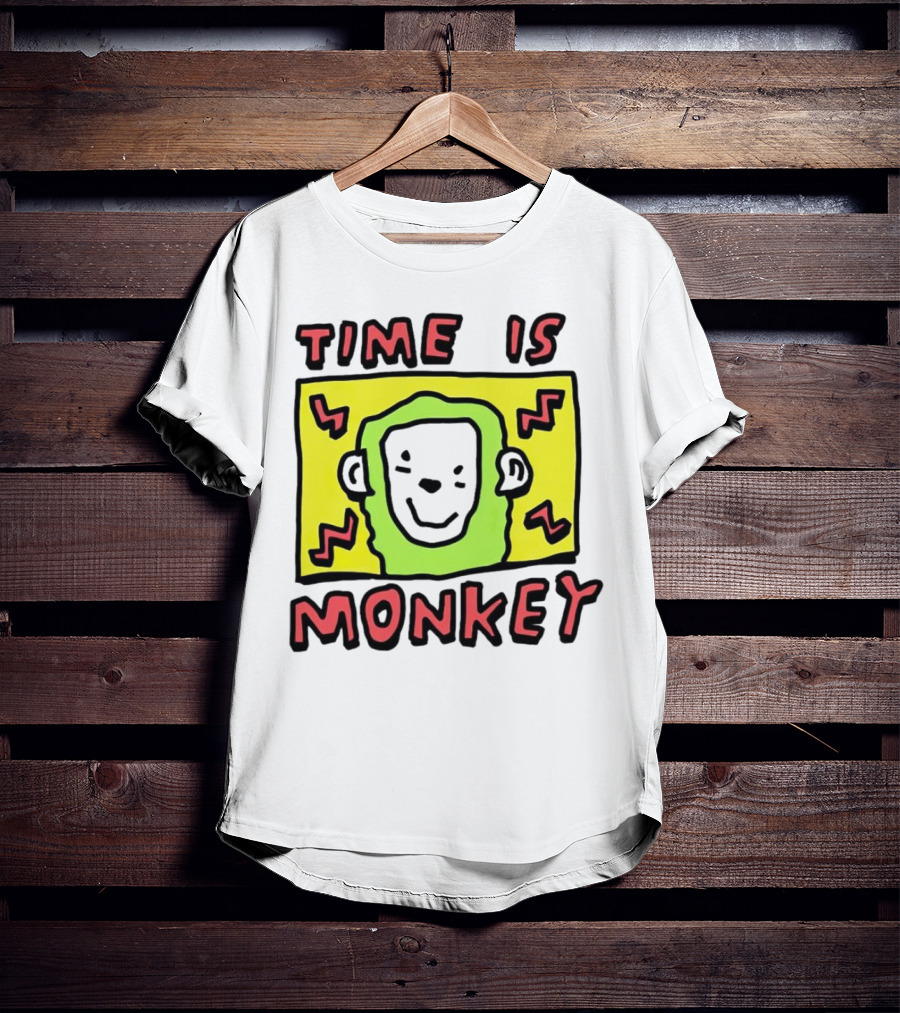 Time Is Monkey Green Highlighted Cartoon Face With Zigzag Lines T-Shirt