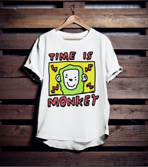 Time Is Monkey Green Highlighted Cartoon Face With Zigzag Lines T-Shirt
