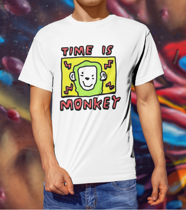 Time Is Monkey Green Highlighted Cartoon Face With Zigzag Lines T-Shirt
