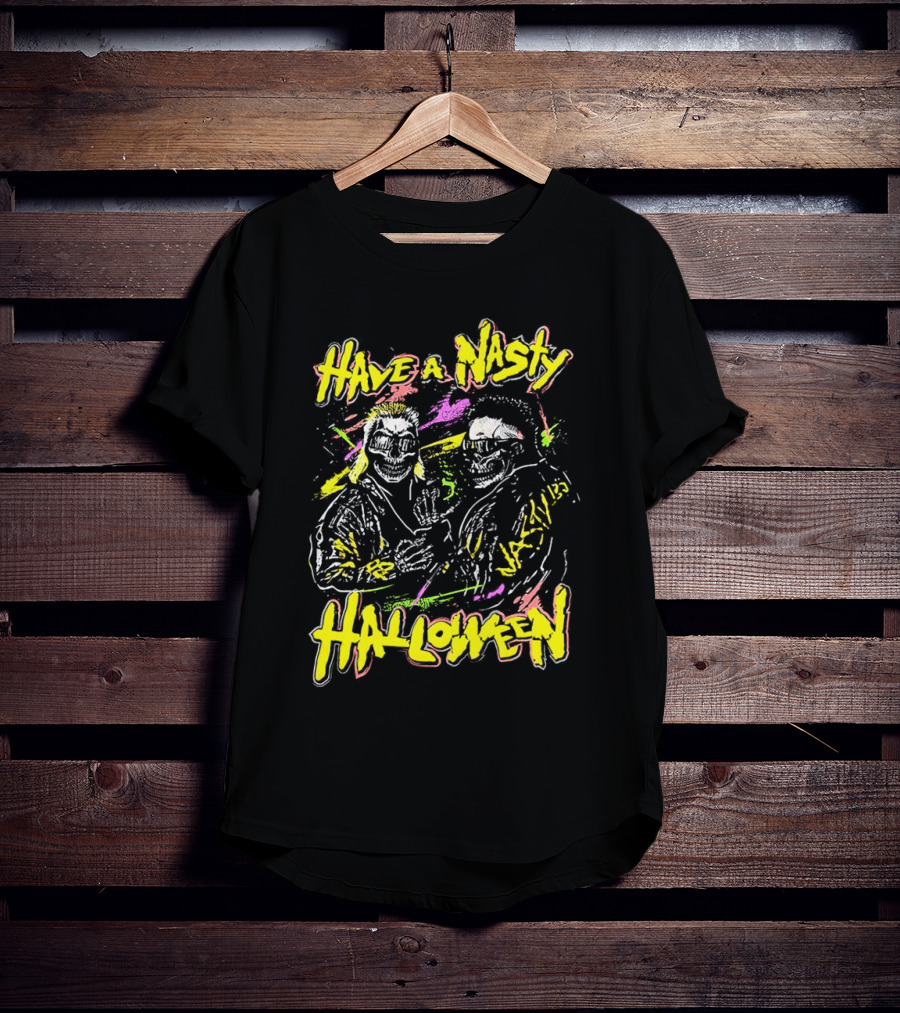 Have A Nasty Halloween Skeleton Warriors Vibrant Neon T-Shirt