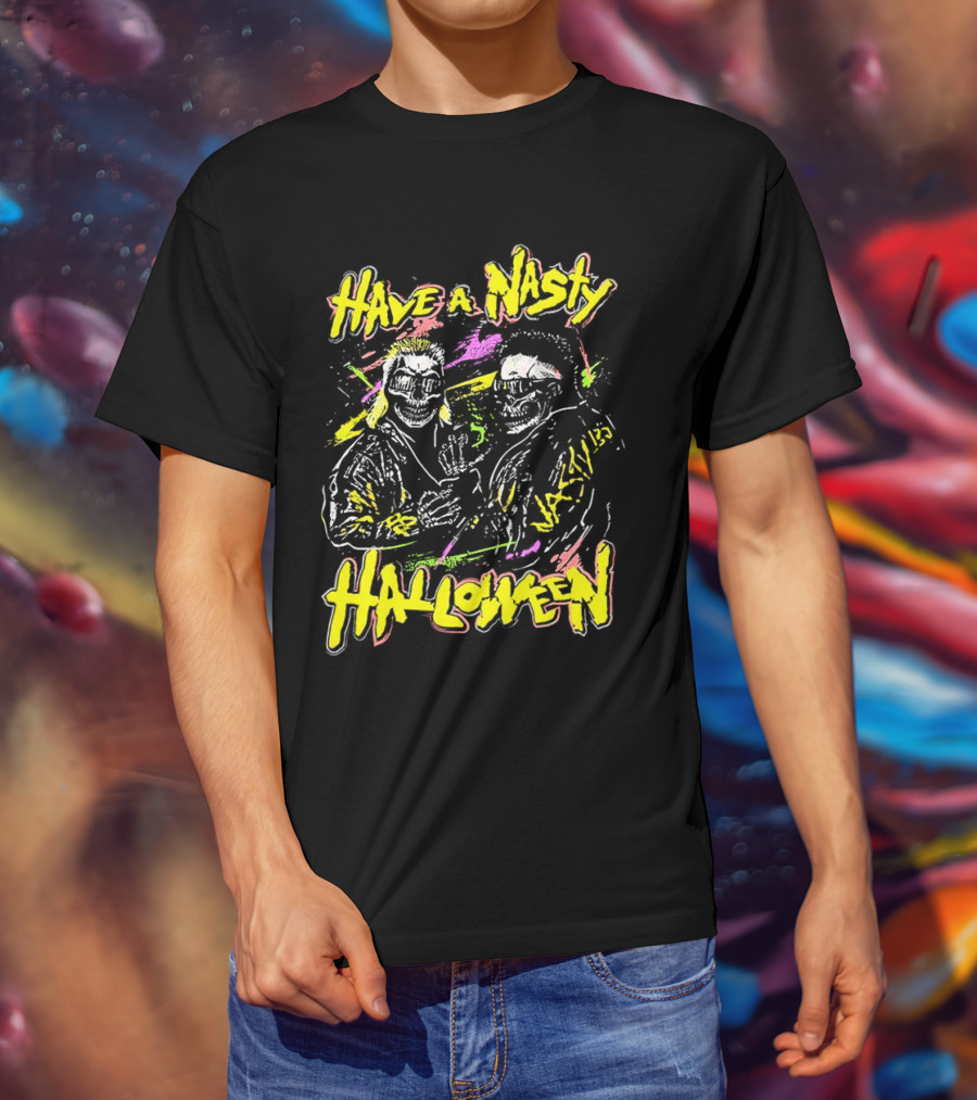 Have A Nasty Halloween Skeleton Warriors Vibrant Neon T-Shirt
