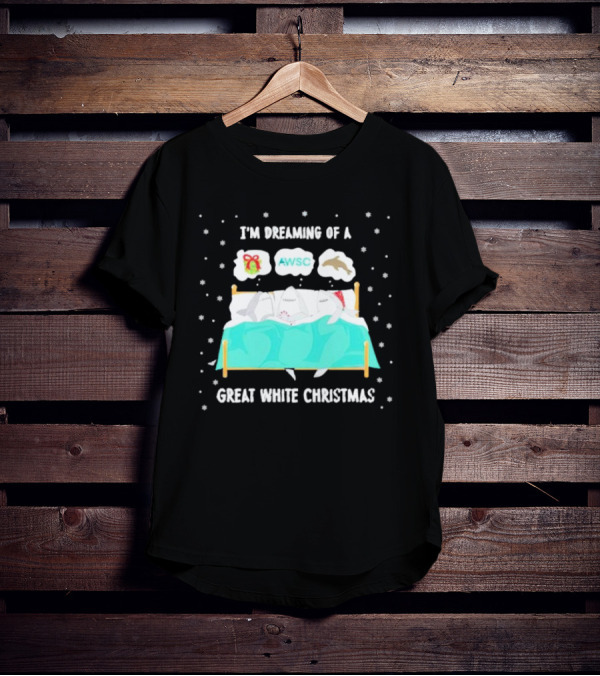 I'm Dreaming Of A Great White Christmas AWSC Shark In Bed With Snowflakes T-Shirt