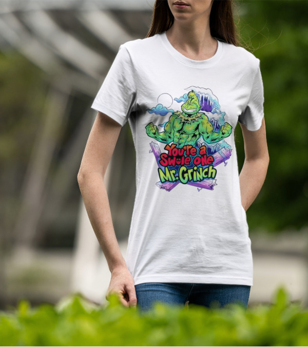 You’re A Swole One Mr Grinch Fitness Muskula Green Character With Frosted Mountain Background T-Shirt