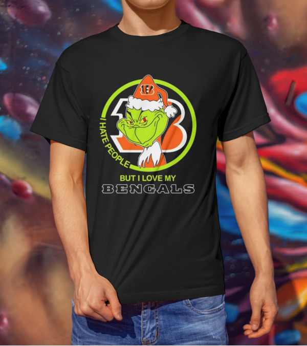 Grinch Santa Hat I Hate People But I Love My Bengals Football Fan T-Shirt