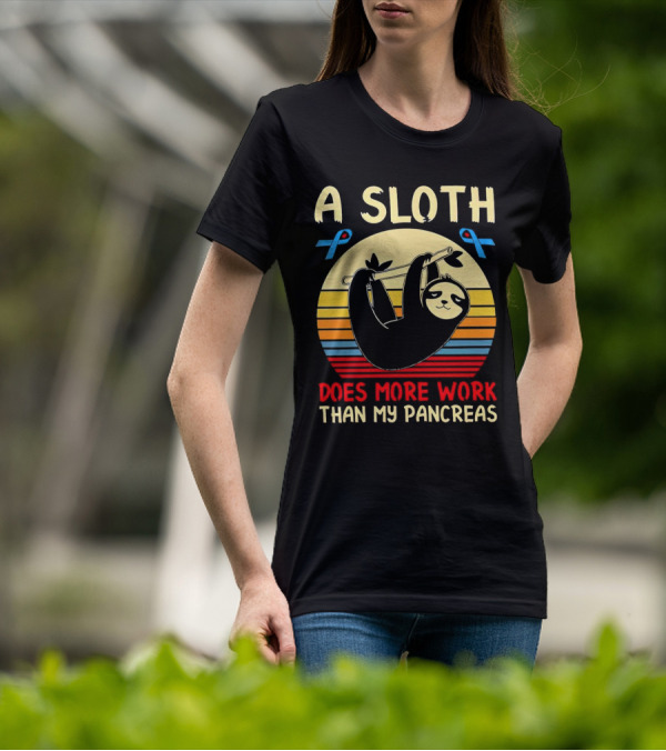 A Sloth Does More Work Than My Pancreas Vintage Style With Blue Diabetes Awareness Ribbons T-Shirt