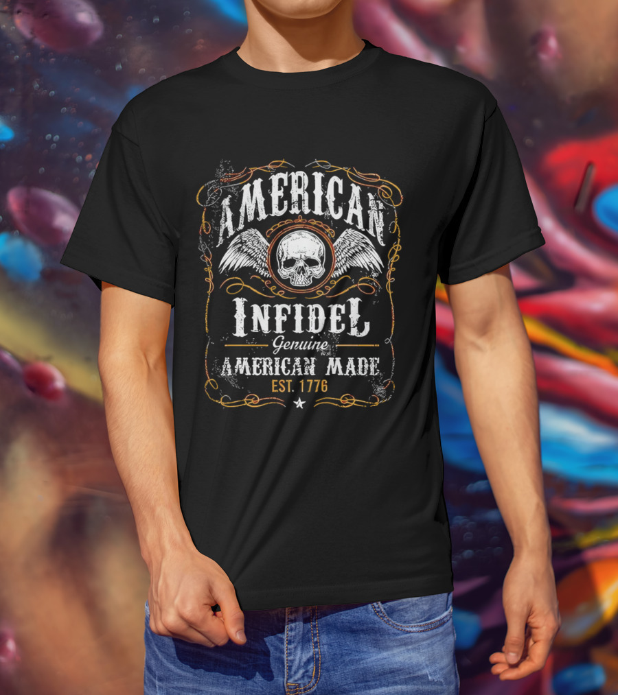 American Infidel Genuine American Made Est 1776 Skull Wings T-Shirt