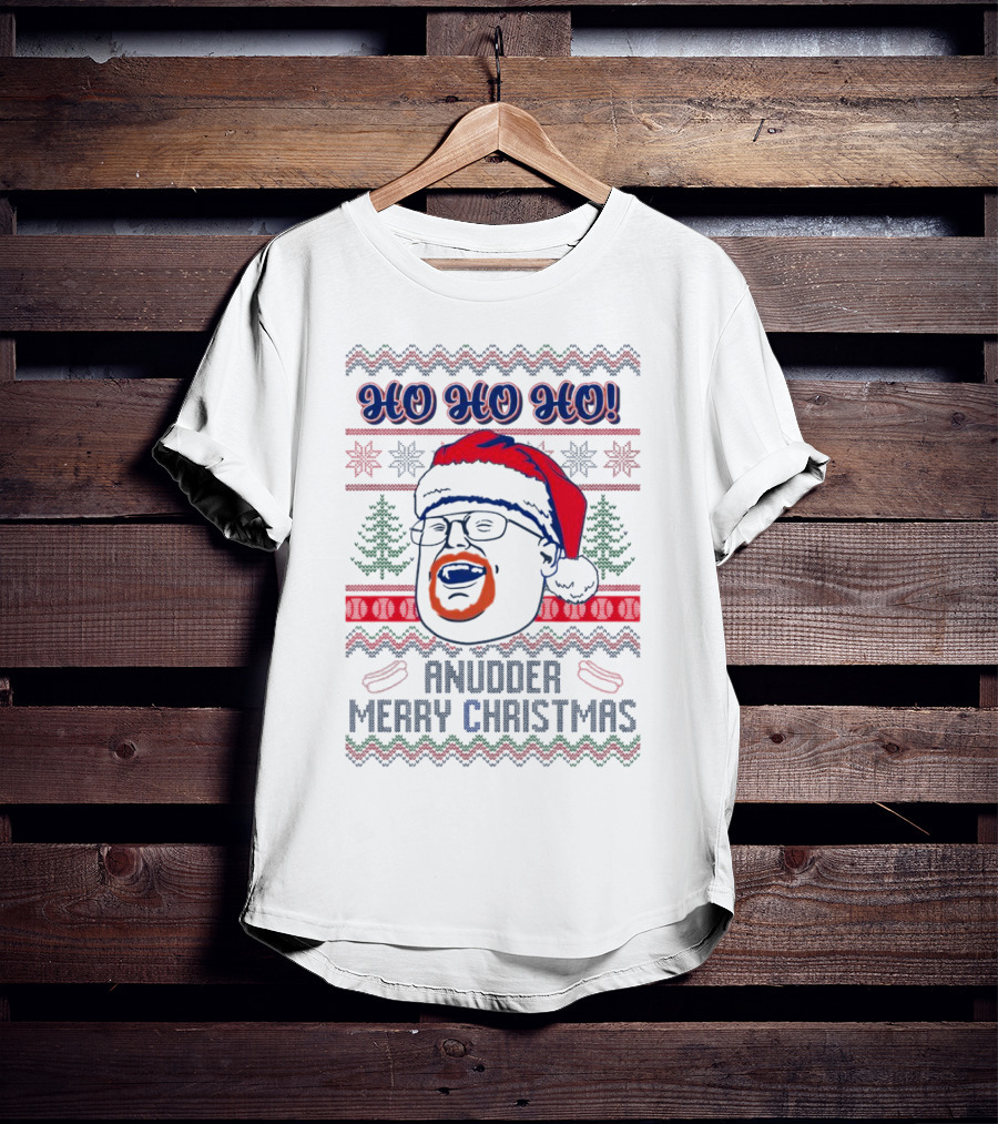 HO HO HO Anudder Merry Christmas Ugly Santa Beard Trees Snowflakes Sausages T-Shirt