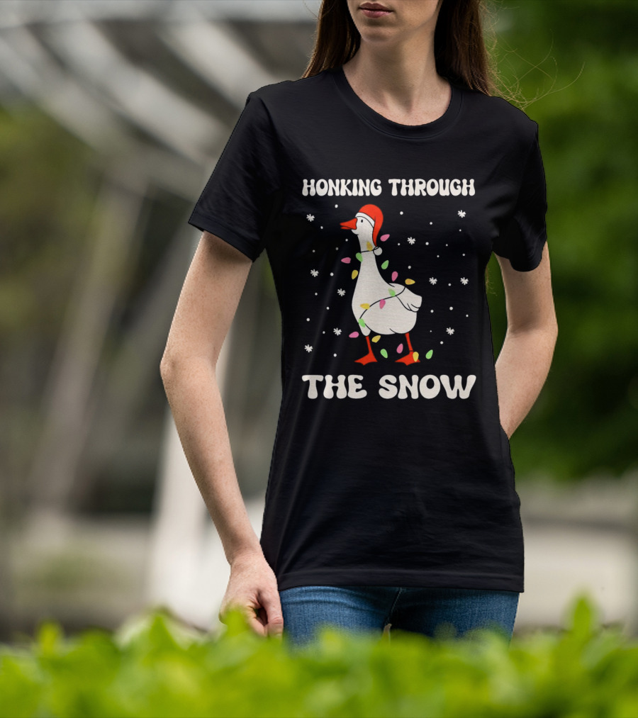 Honking Through The Snow Goose Wrapped In Christmas Lights T-Shirt