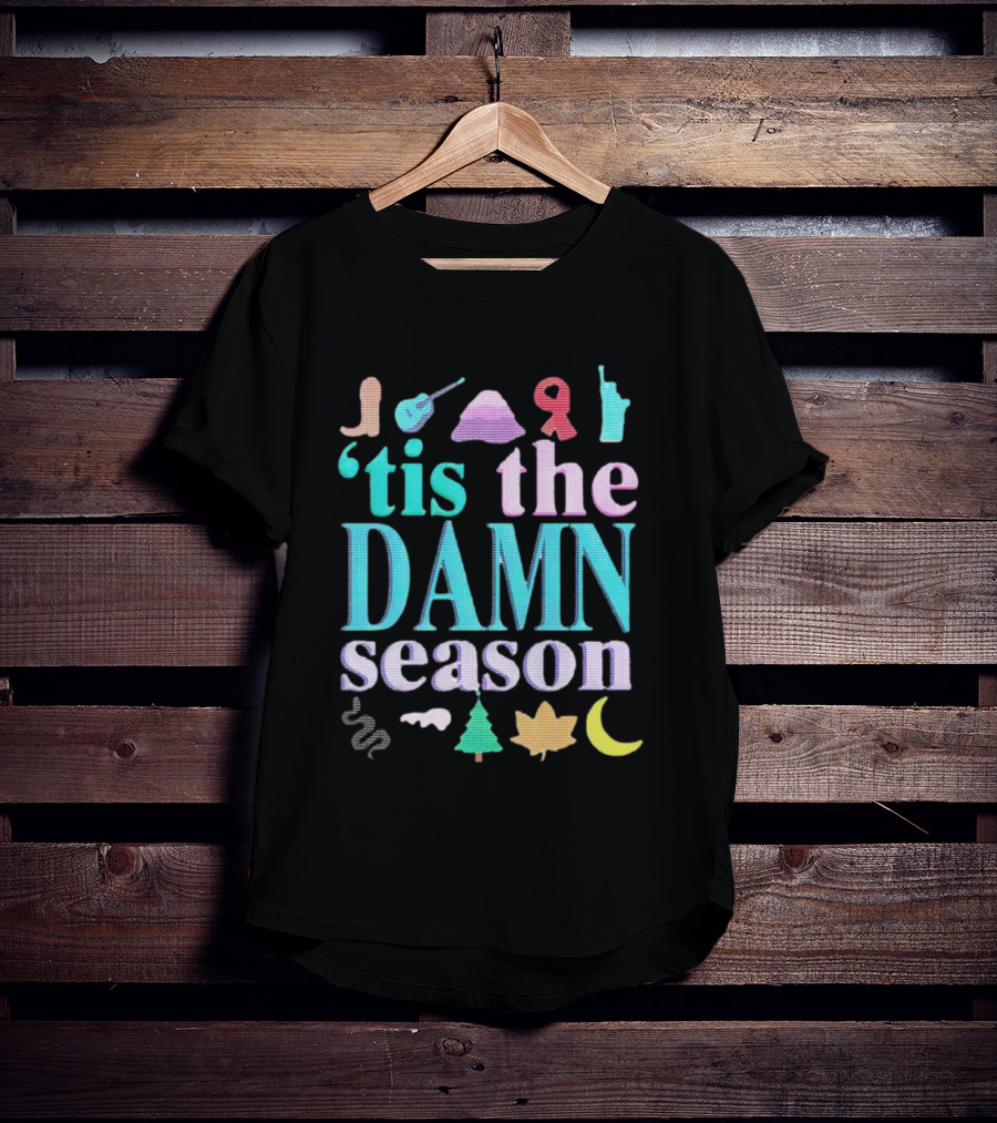 Tis The Damn Season Christmas Cowboy Boot Guitar Tree Moon T-Shirt