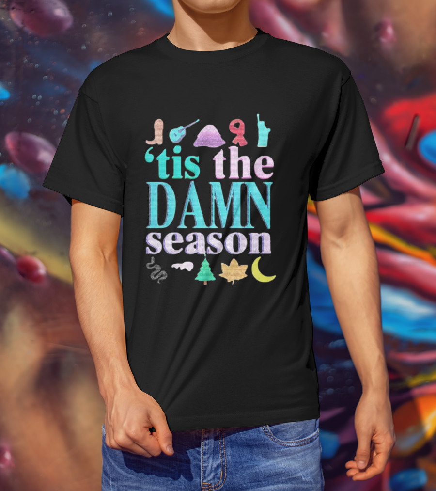 Tis The Damn Season Christmas Cowboy Boot Guitar Tree Moon T-Shirt