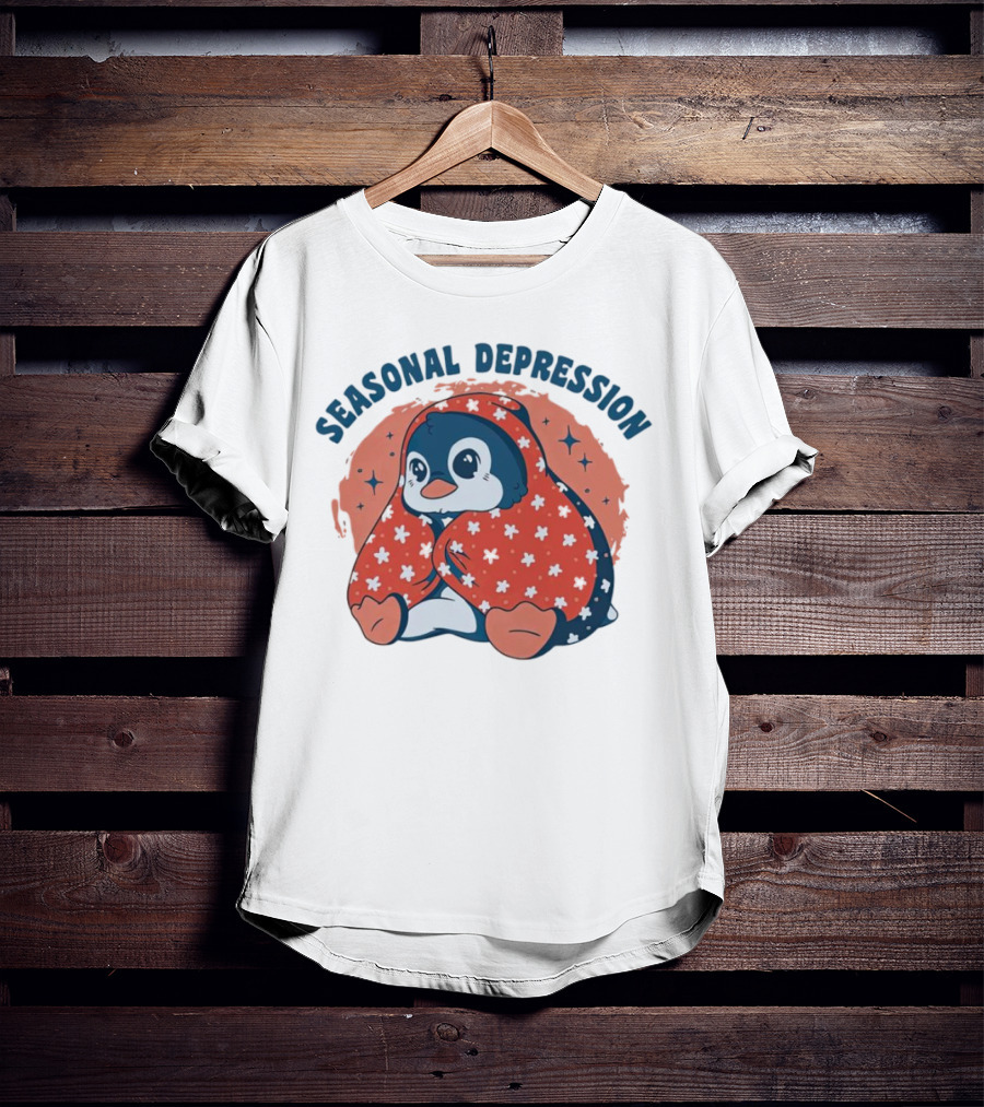 Seasonal Depression Penguin In Cozy Blanket With Stars And Flowers T-Shirt