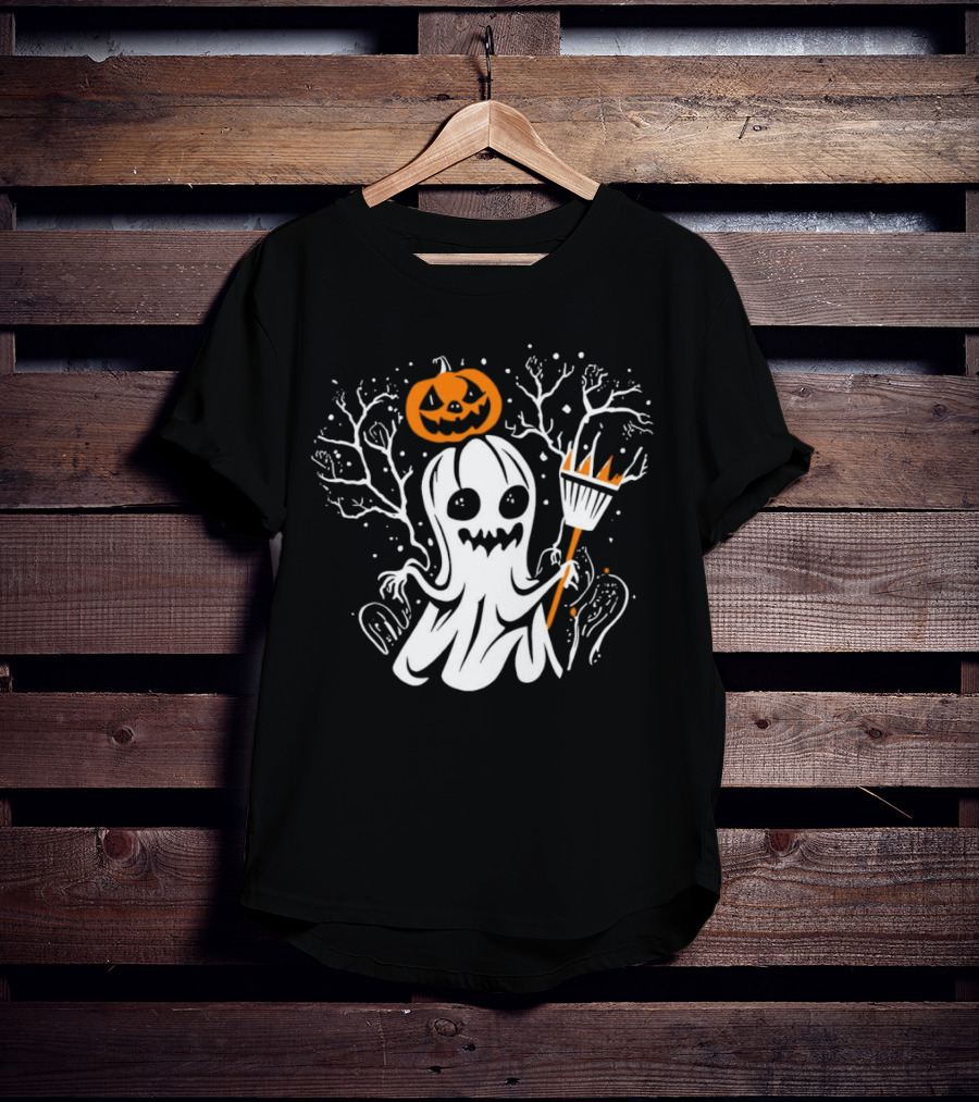 Pumpkin King Halloween Ghost With Broomstick T-Shirt