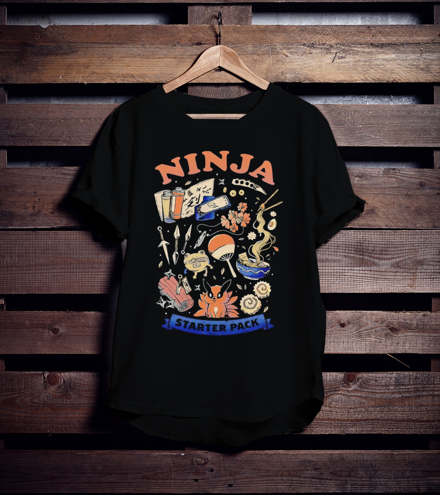 Ninja Starter Pack Kunai Scrolls Shuriken Ramen Chopsticks Anime Fox Pokeball T-Shirt
