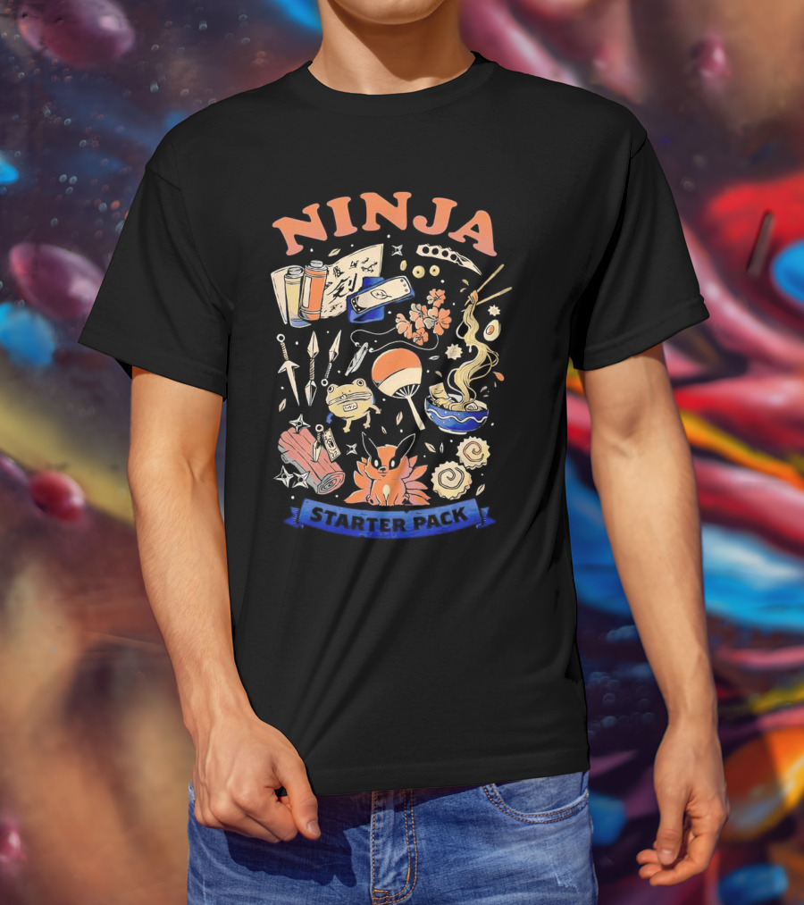 Ninja Starter Pack Kunai Scrolls Shuriken Ramen Chopsticks Anime Fox Pokeball T-Shirt