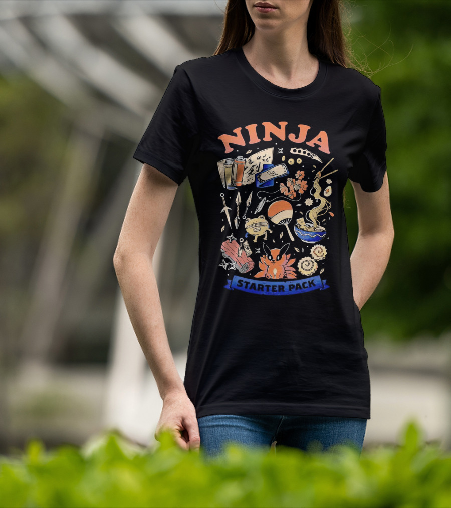Ninja Starter Pack Kunai Scrolls Shuriken Ramen Chopsticks Anime Fox Pokeball T-Shirt