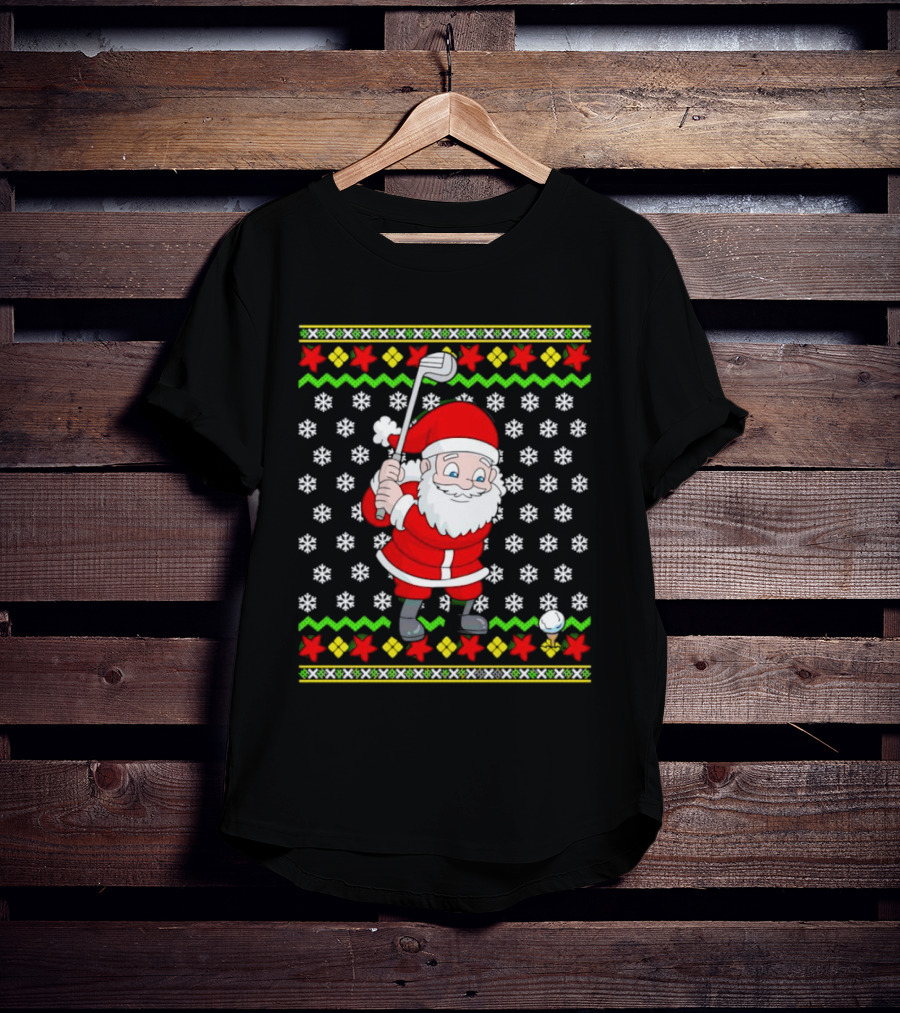 Santa Golfing Christmas Snowflakes Ugly T-Shirt