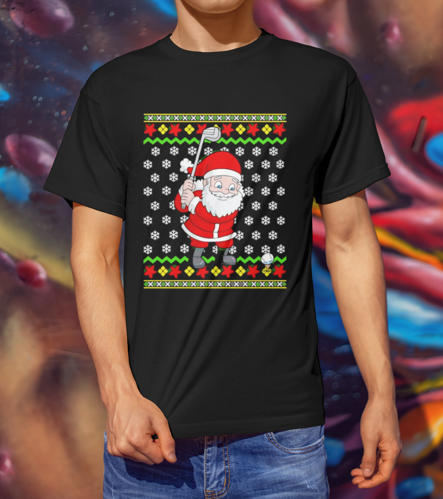 Santa Golfing Christmas Snowflakes Ugly T-Shirt