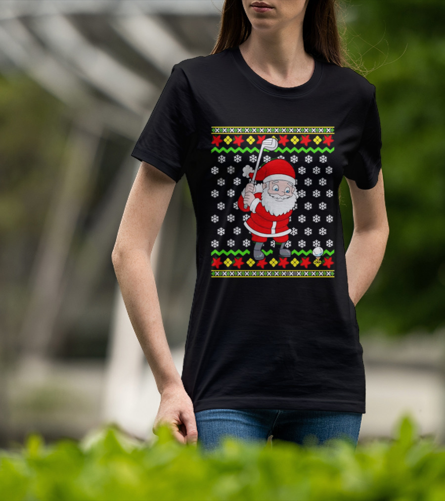 Santa Golfing Christmas Snowflakes Ugly T-Shirt