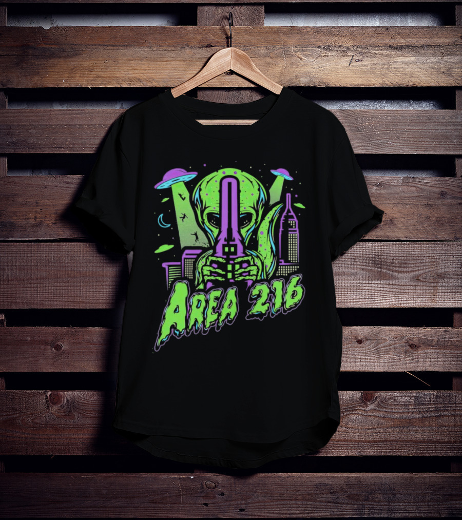 Area 216 Alien UFO City Skyline Neon T-Shirt