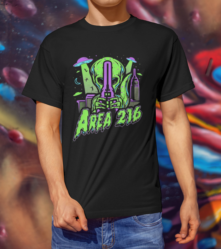 Area 216 Alien UFO City Skyline Neon T-Shirt