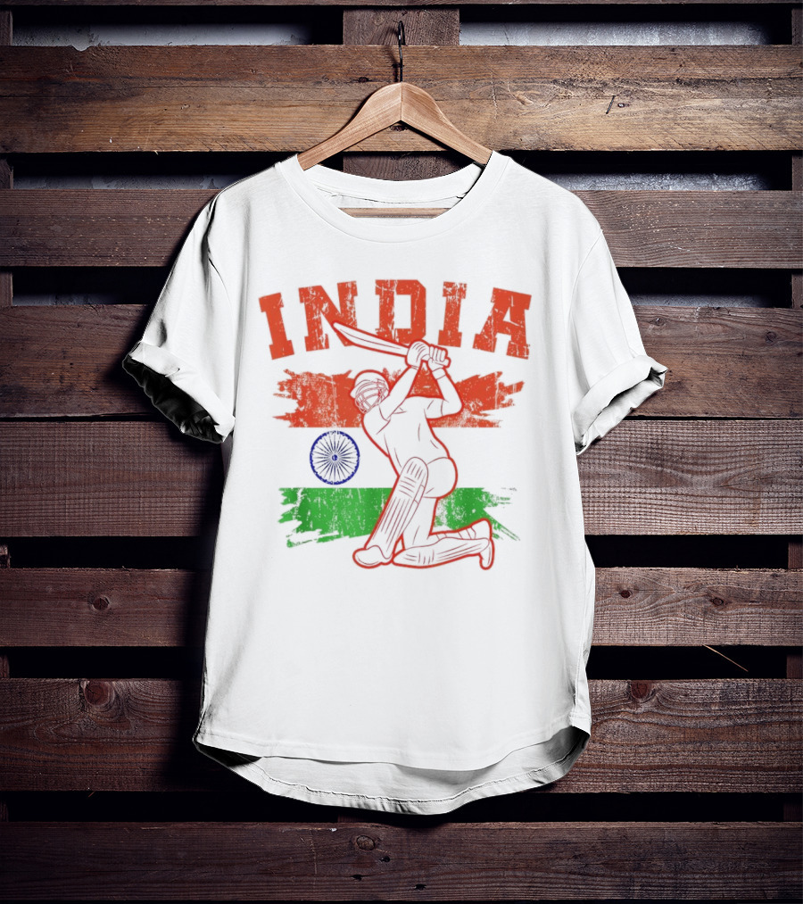 India Cricket Enthusiasts Batting Action With Ashoka Chakra T-Shirt