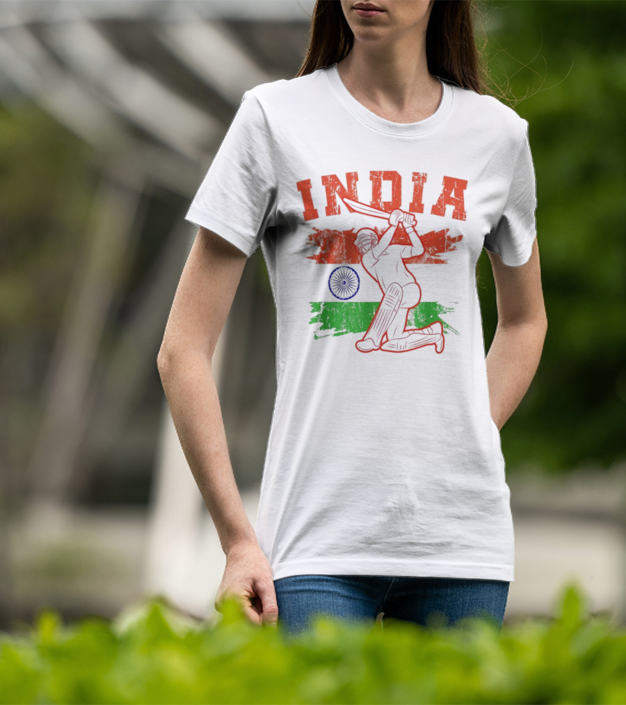 India Cricket Enthusiasts Batting Action With Ashoka Chakra T-Shirt