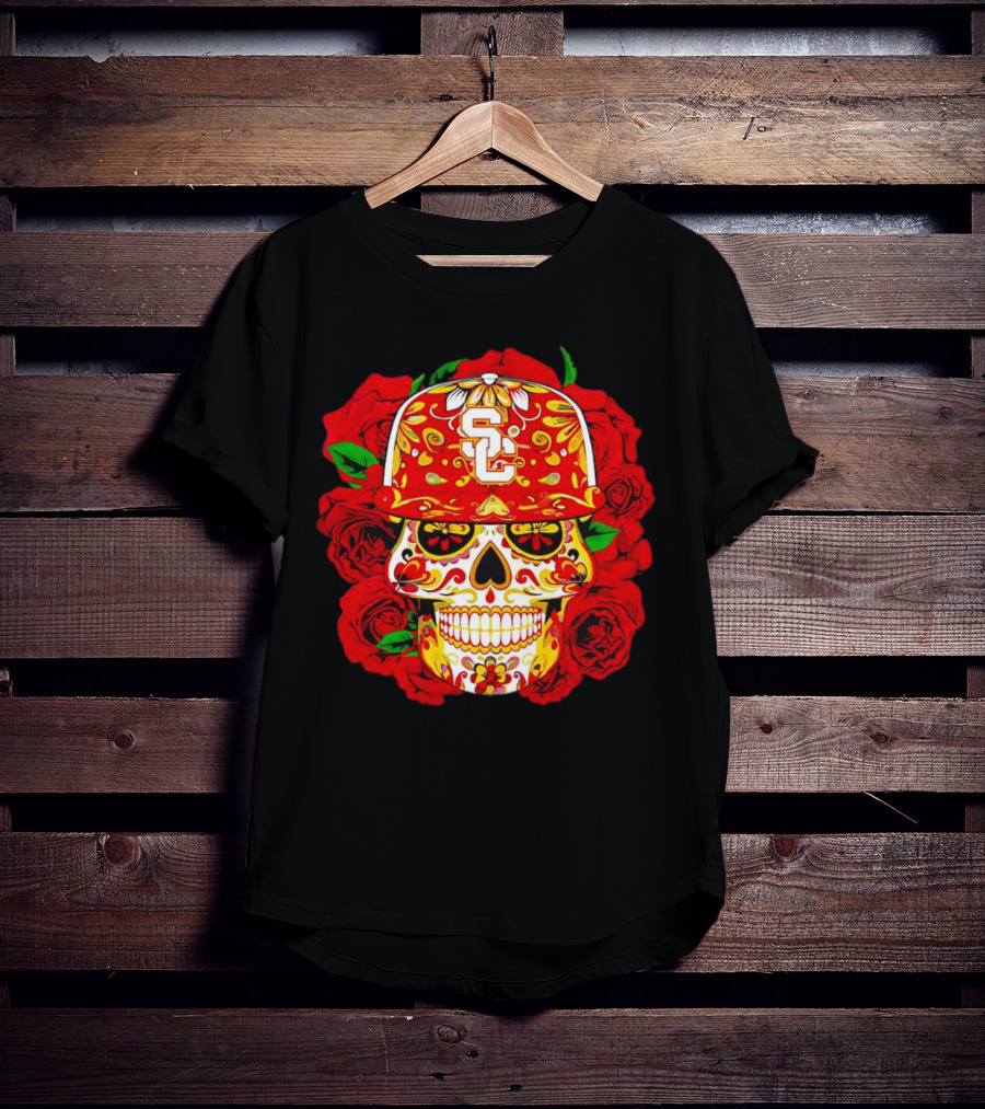 USC Sugar Skull With Roses And Cap T-Shirt