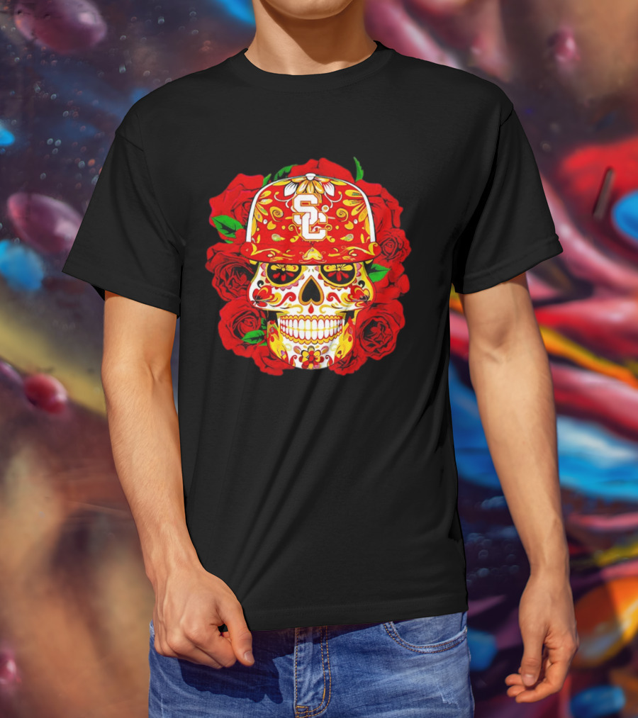 USC Sugar Skull With Roses And Cap T-Shirt