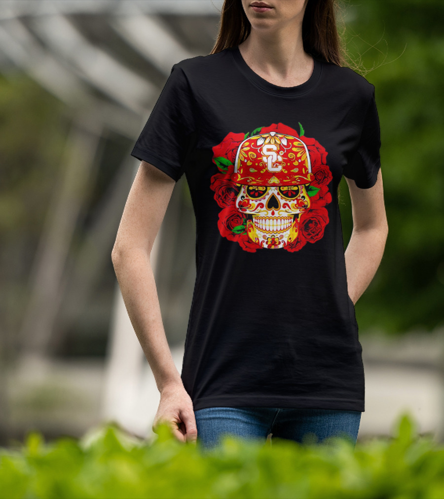 USC Sugar Skull With Roses And Cap T-Shirt