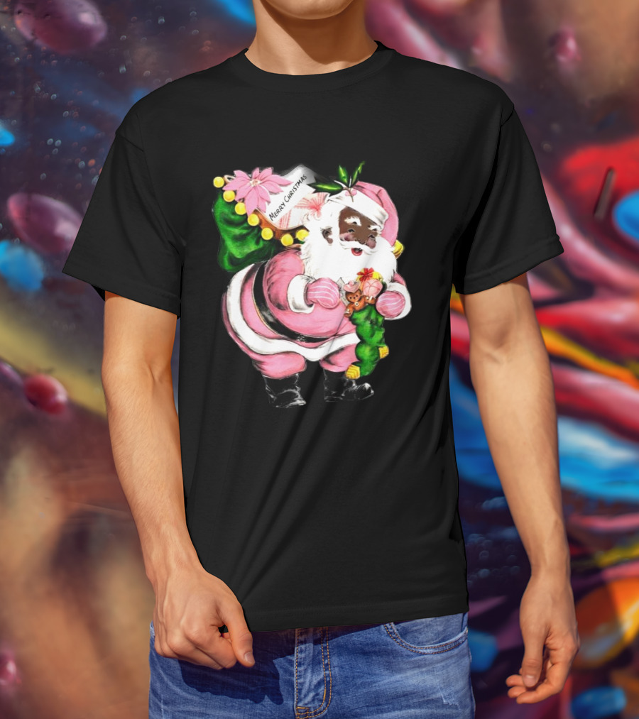 Merry Christmas Pink African-American Black Santa Claus With Gifts T-Shirt