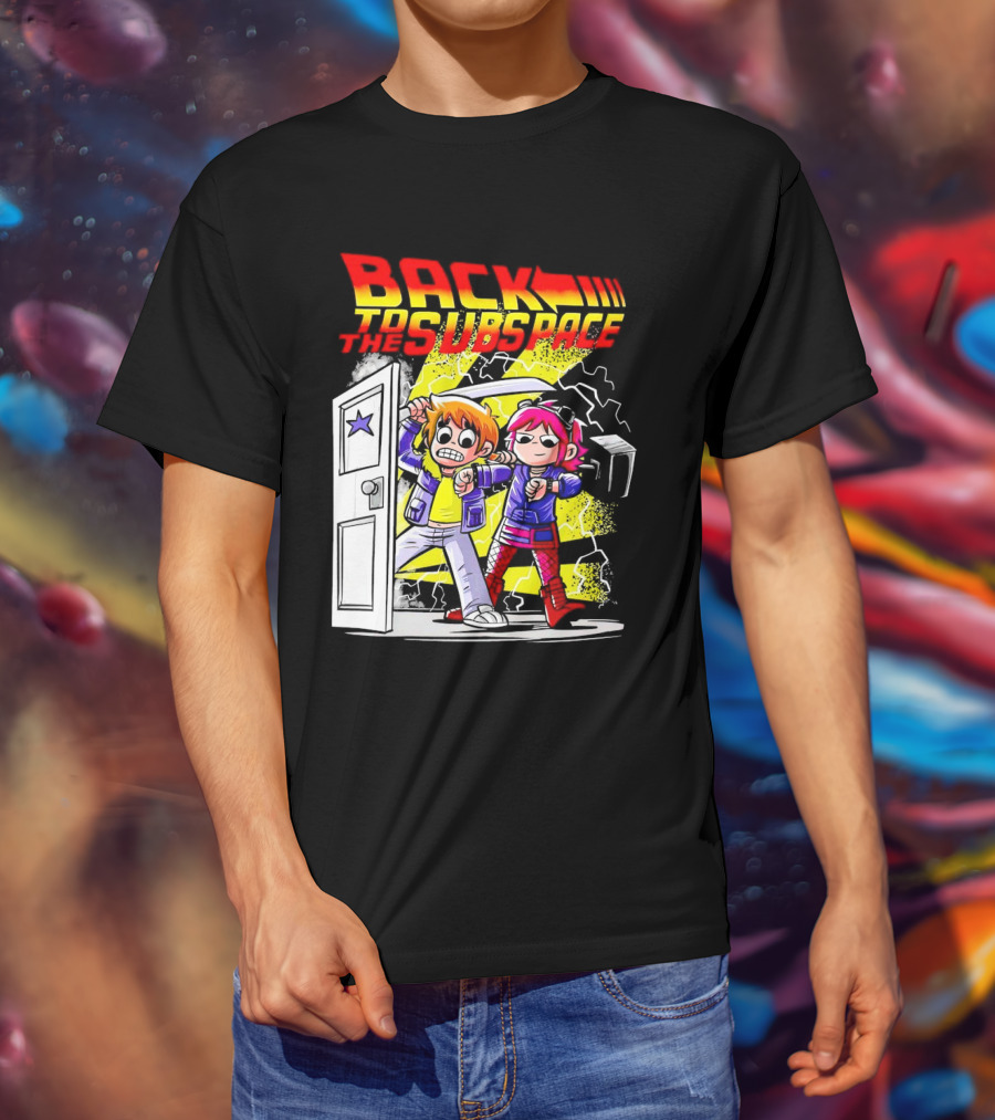 Back To The Subspace Scott Pilgrim And Ramona With Retro Door And Lightning T-Shirt