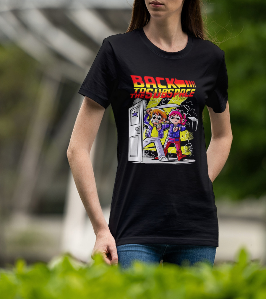 Back To The Subspace Scott Pilgrim And Ramona With Retro Door And Lightning T-Shirt