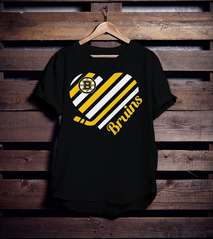 Boston Bruins Stripes Heart With Hockey Stick T-Shirt