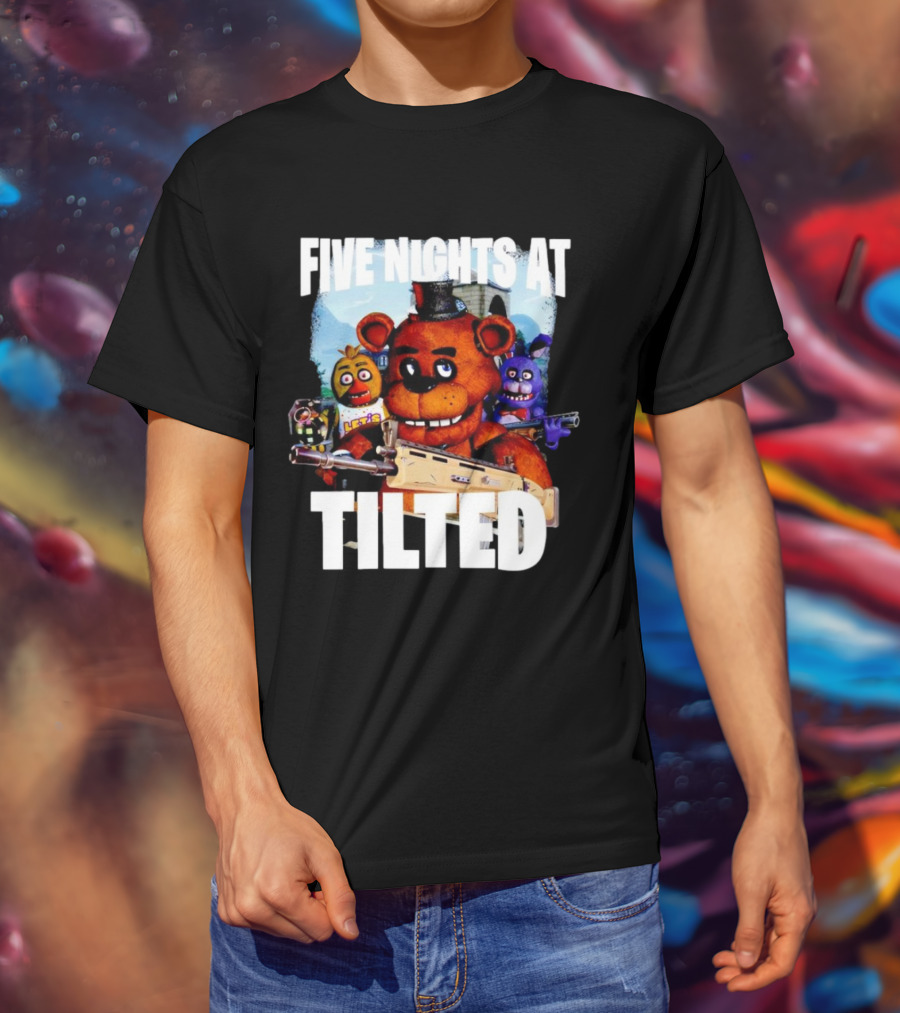 Five Nights At Tilted Freddy Bear Characters With Guns T-Shirt